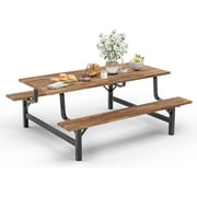 Table Bench Set for 6 or 4 Persons, 6FT Large Camping Table, Acacia Wood Outdoor Dining Table Set with 2” Umbrella Hole, 800 Lbs Capacity, for S Lawn Garden (Rustic Brown)