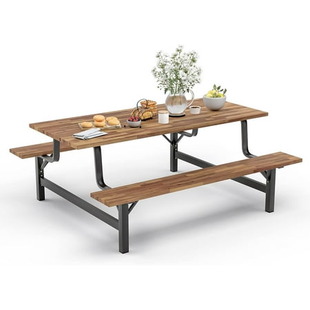 Table Bench Set for 6 or 4 Persons, 6FT Large Camping Table, Acacia Wood Outdoor Dining Table Set with 2” Umbrella Hole, 800 Lbs Capacity, for S Lawn Garden (Rustic Brown)