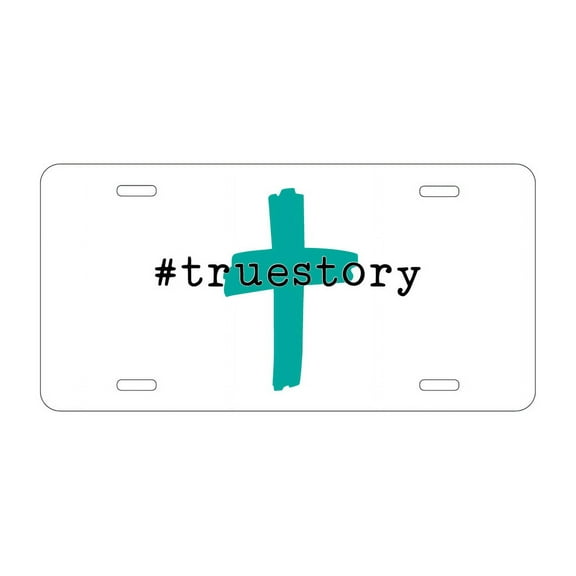 DistinctInk Custom Aluminum Vanity License Plate for Front of Car - #truestory - Cross - Christian - Teal