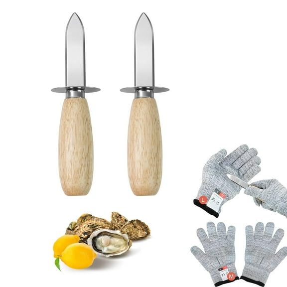 GoXteam Oyster Shucking Knife Set of 2, Stainless Steel Oyster Knifes and 2 Pairs Level 5 Cut-Resistant Gloves, Oyster Knives Suitable for All Kinds of Shells and Oysters Shucking