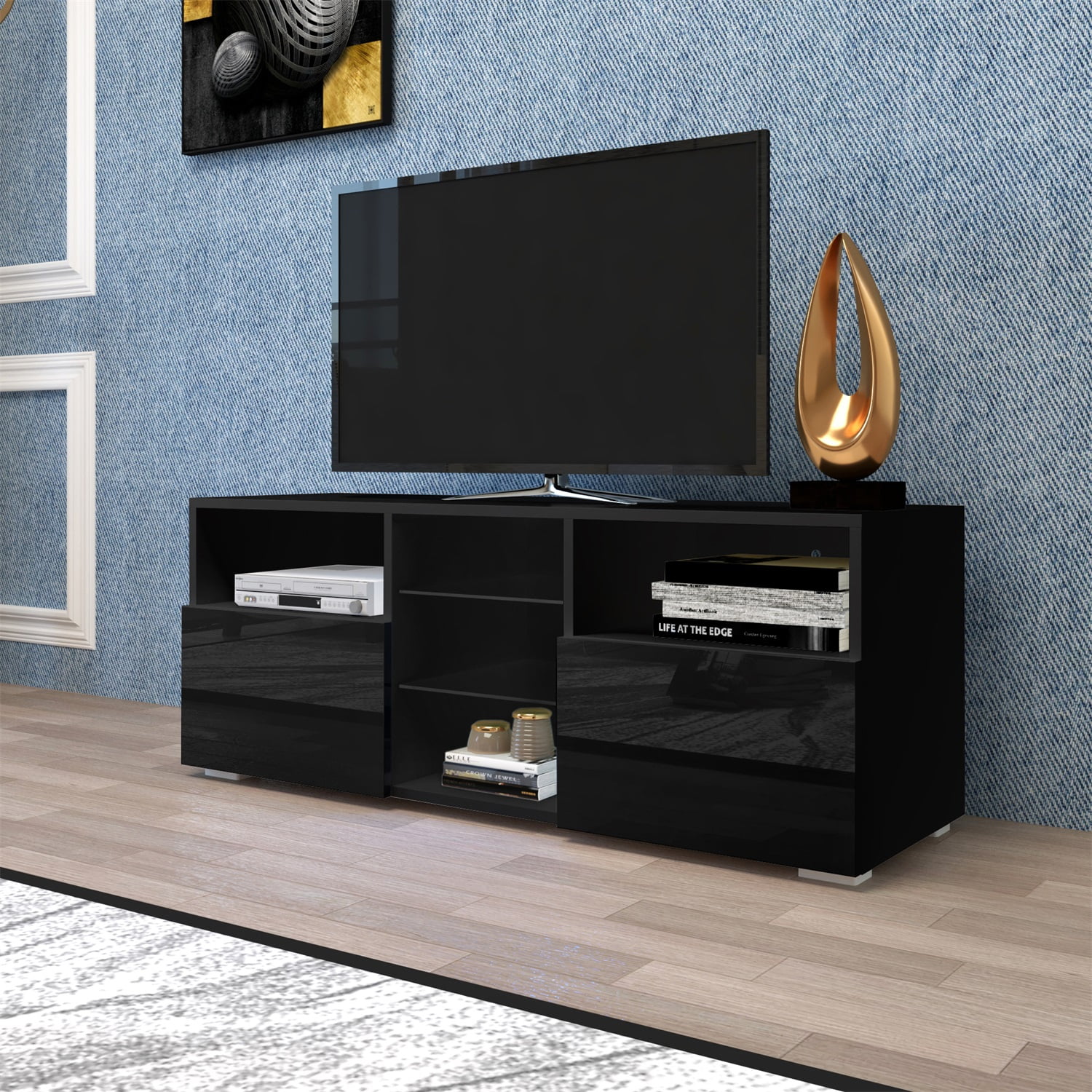 Kadyn Modern High-Gloss TV Cabinet, MDF Minimalist TV Cabinet with 20 colors LED Lights and 2 Drawers, Entertainment Center TV Console for TVs up to 55", Black