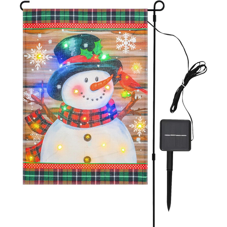 Solar Lighted Christmas Snowman Garden Flag 12x18 Inch Double Sided Outside