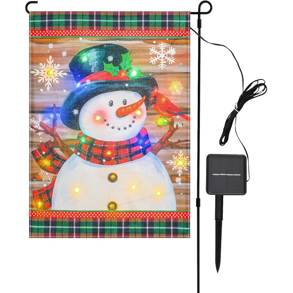 Solar Lighted Christmas Snowman Garden Flag 12x18 Inch Double Sided Outside