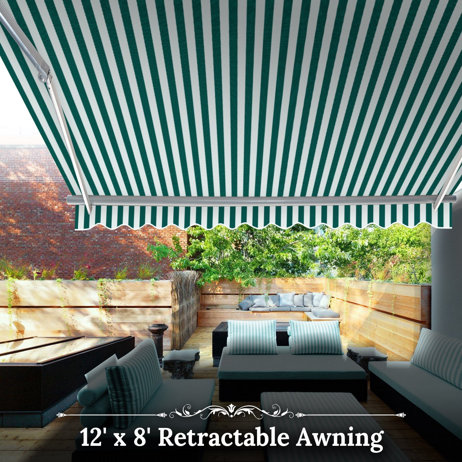 SUNRISEUMBRELLA Outdoor Patio Awning Retractable Awning Sun Shade Manual Patio Deck Awning (12'x8',Green with white)