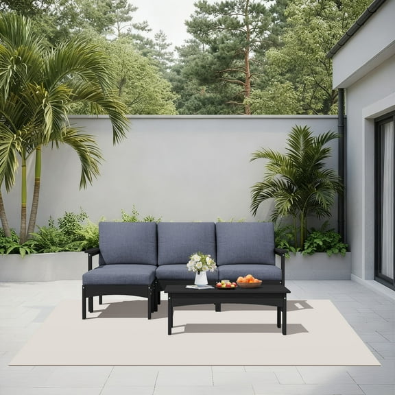 SERWALL 5-Piece HDPE Outdoor Patio Sofa Set, Modular Sectional Conversation Furniture, Weather-Resistant Patio Sofas, Deck, Backyard & Poolside, Black Frame with Grey Cushions