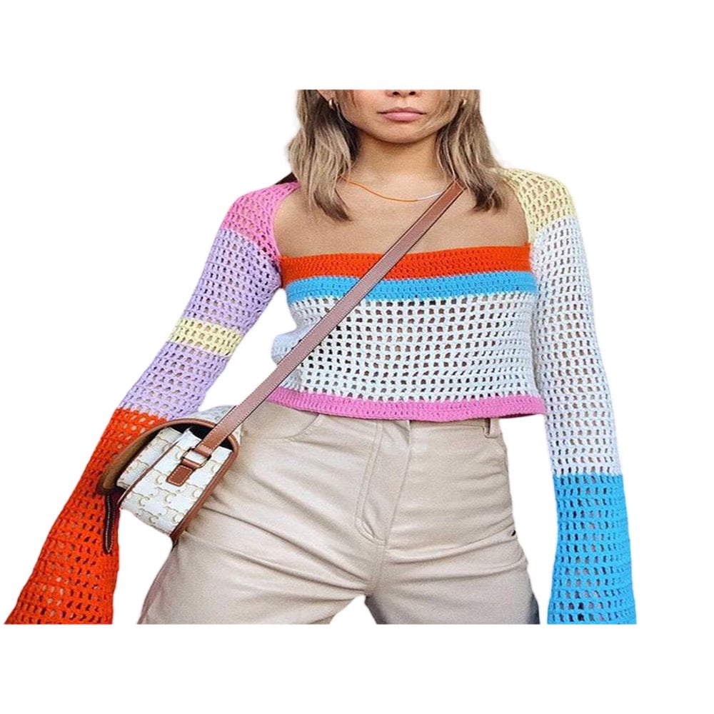 Women's Rainbow Crochet Knit Crop Top - Hollow Out Long Sleeve Square Neck Sweater