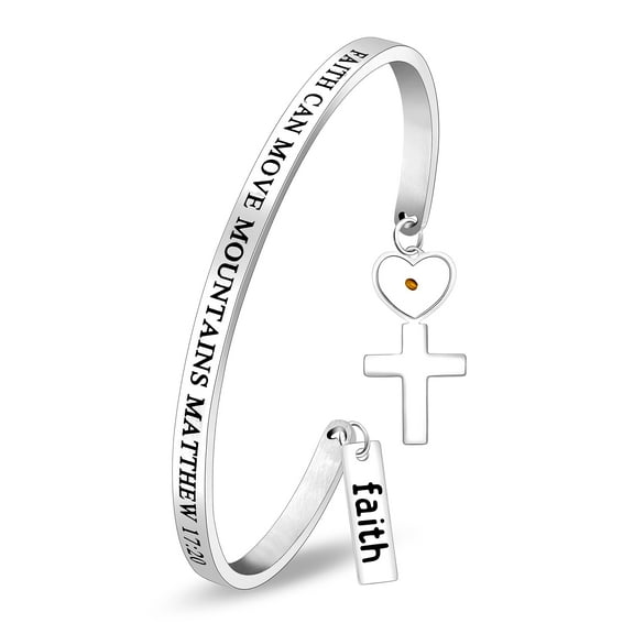 Uloveido Stainless Steel Faith Can Move Mountain Faith Heart Cross Charms Cuff Bracelets, Christian Religious Inspirational Bracelets Y3976