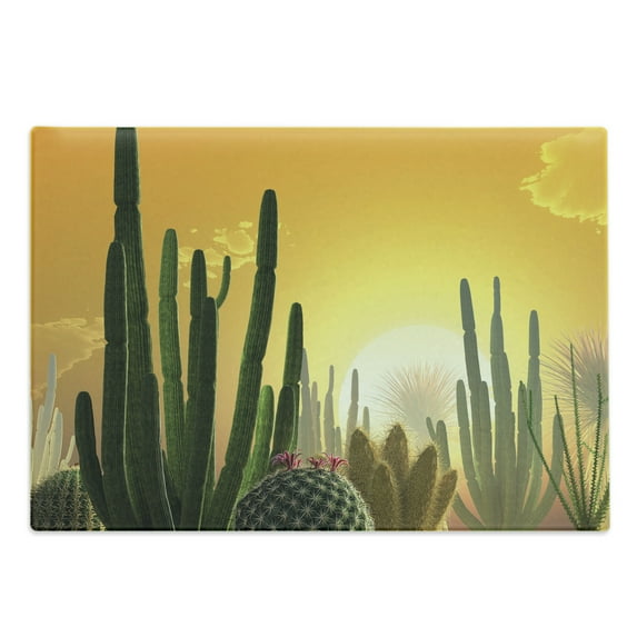 Cactus Cutting Board, Sunset over Desert Landscape Various Kinds of Cactus Desolate Hot Weather, Decorative Tempered Glass Cutting and Serving Board, Large Size, Marigold Yellow Green, by Ambesonne