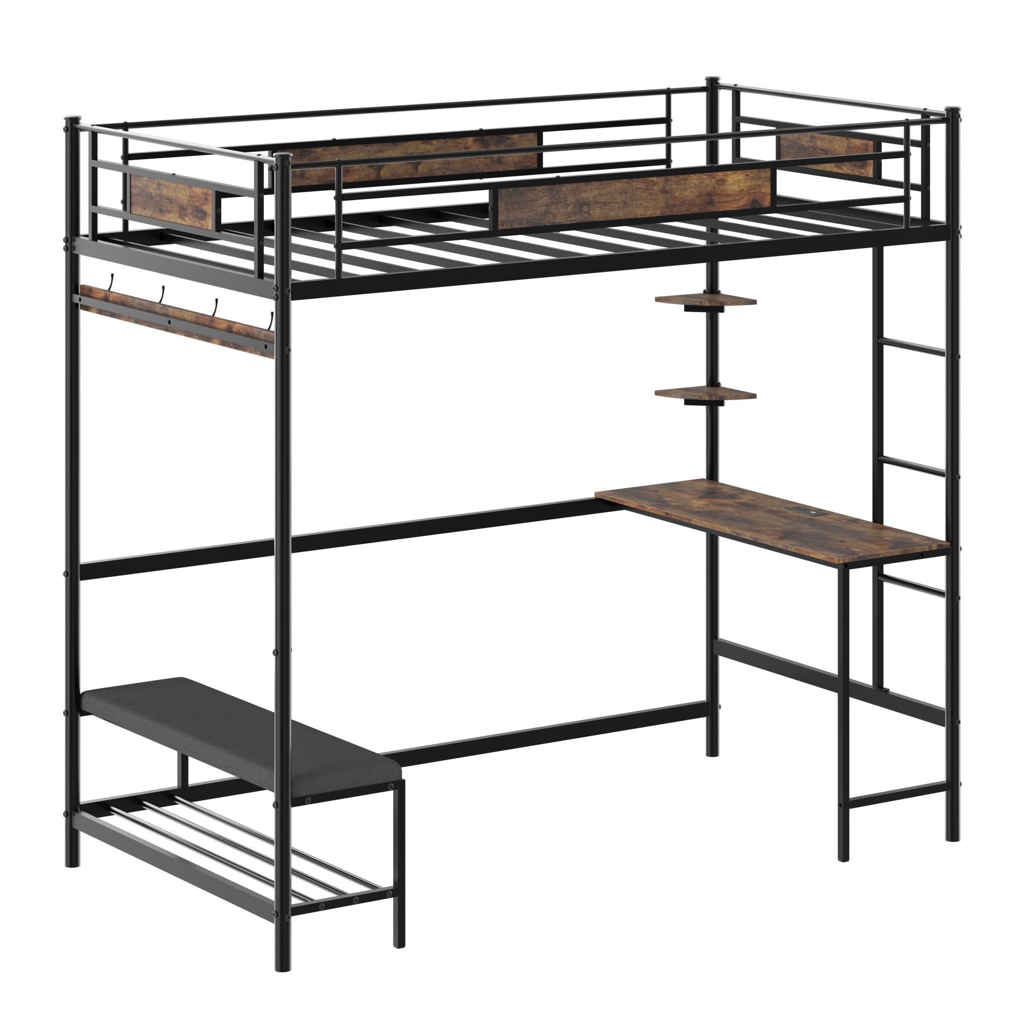 Twin Size Loft Bed with Desk & Shoe Bench,Metal Loft Bed Frame with Power Outlet,Heavy-Duty Loft Beds,No Box Spring Needed,Brown