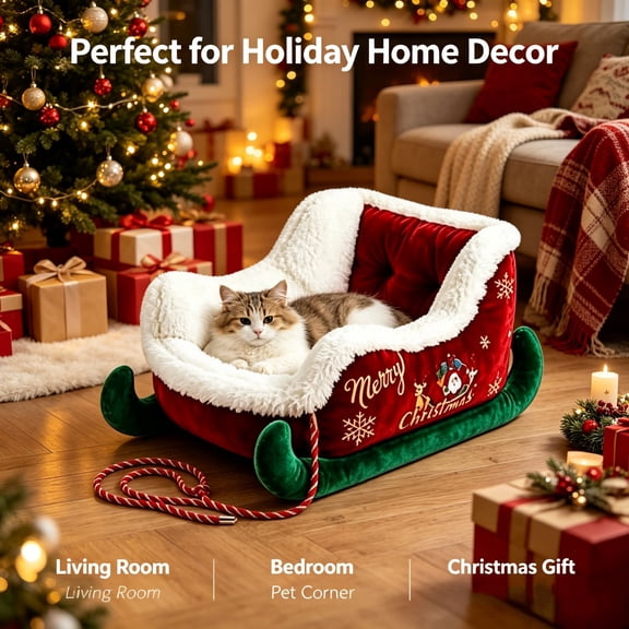 Red Christmas Cat Dog Bed, Pet Sleigh Bed, Sofa, Indoor and Outdoor Plush Synthetic Fur, Christmas Holiday Themed Pet Bed, Washable and Highly Durable