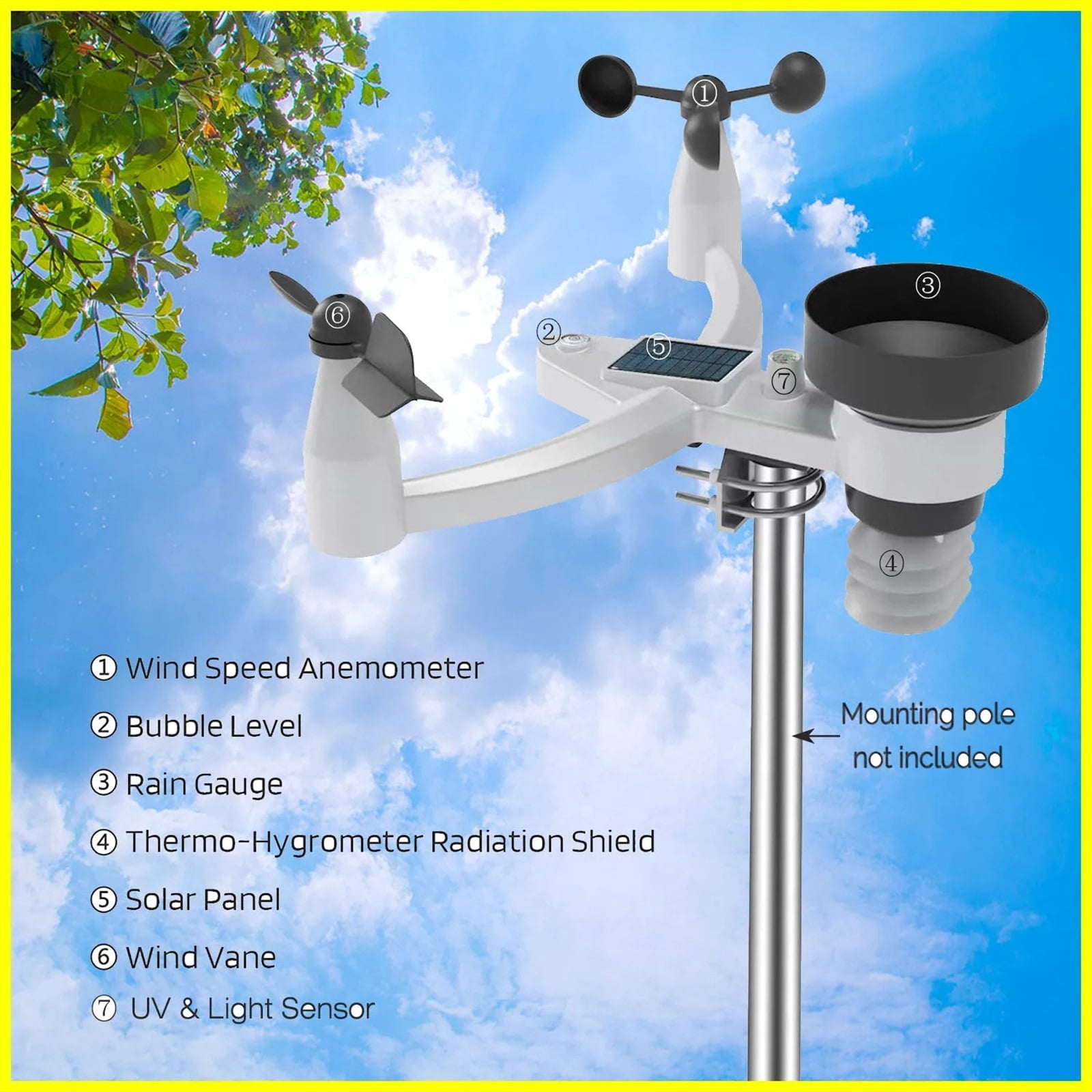 0360 Weather Station Color Display 7-in-1 Outdoor Sensor Forecast Temperature Humidity Rain Gauge Wind Speed UV ,High Precision