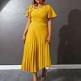 thumbnail image 2 of safuny Women's Plus Size Knee Length Pleated Dress Solid Color Winter Short Sleeve Autumn Dresses V Neck Elegant Casual Ruffle Hem Holiday Trendy Yellow L, 2 of 9
