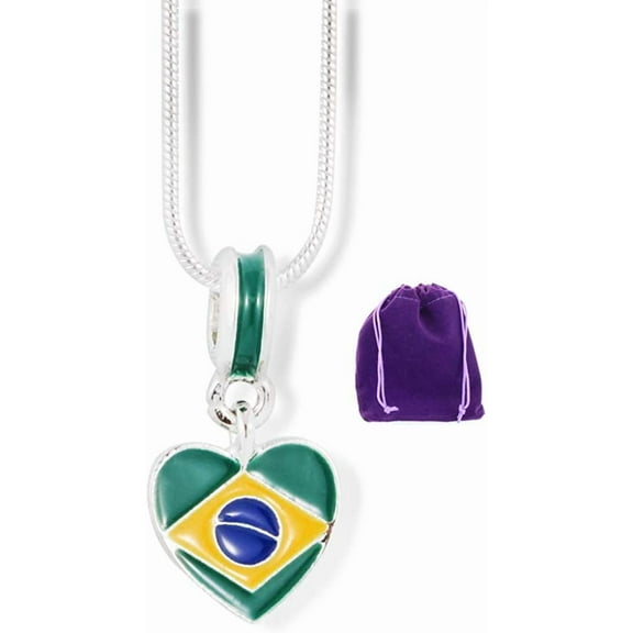 Brazilian Flag on Heart Charm Snake Chain Necklace