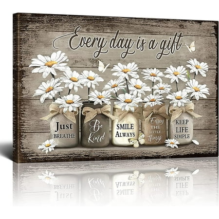 Rustic Wall Art Daisy Butterfly Gift Canvas Vintage Floral Wall Art Flowers Inspirational Picture For Bedroom Living Room Bathroom Office Wall Decor Framed Home Decorations Ready To Hang 12x16 Inch