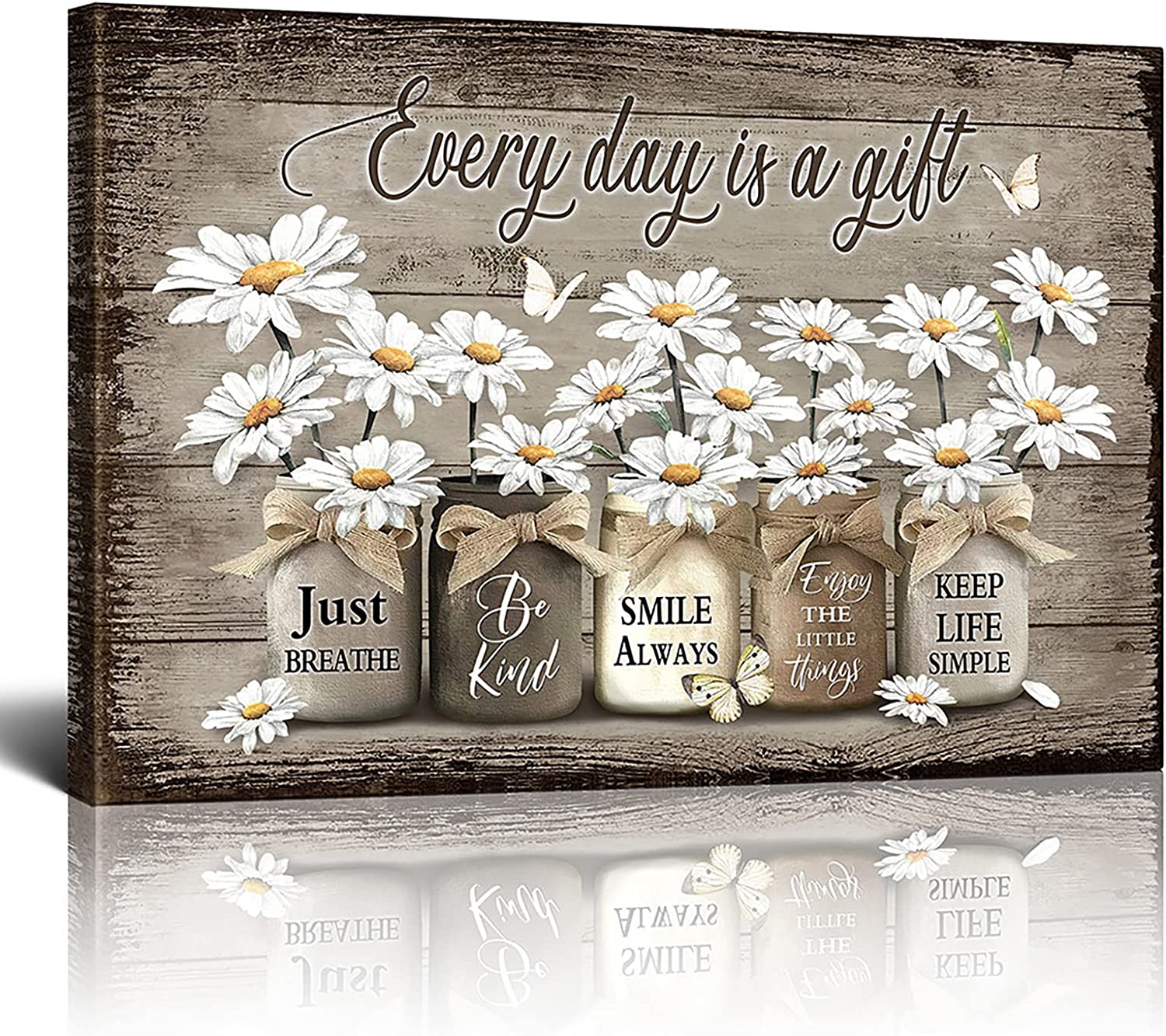 Rustic Wall Art Daisy Butterfly Gift Canvas Vintage Floral Wall Art Flowers Inspirational Picture For Bedroom Living Room Bathroom Office Wall Decor Framed Home Decorations Ready To Hang 12x16 Inch