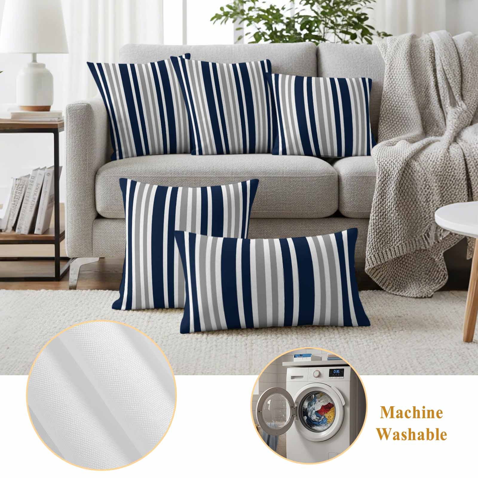 Navy Blue Grey Striped Outdoor Waterproof Pillow Covers, Modern Minimalist Ombre Lines Decorative Square Throw Pillowcase Sofa Cushion Sham for Patio/Couch/Chair, 24"x24" 2 Pack
