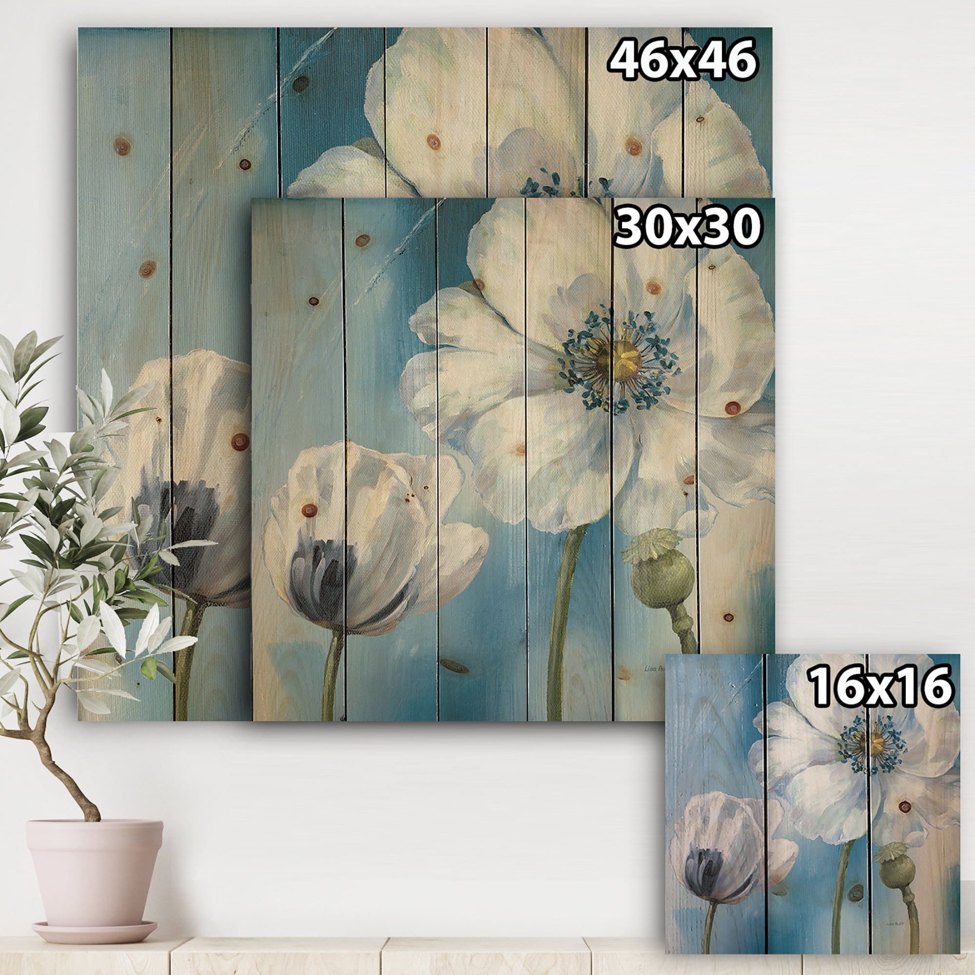 Designart 'Close Up White Flower on Blue I' Farmhouse Print on Natural Pine Wood