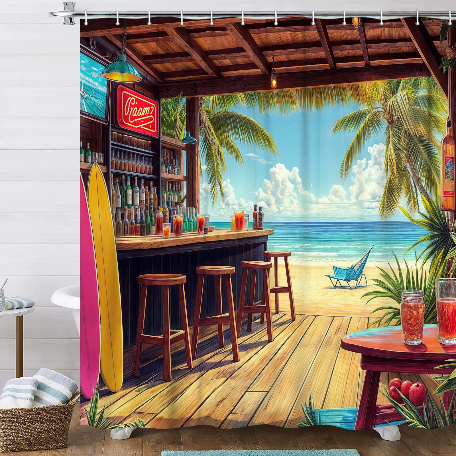 Vibrant Tropical Beach Bar Shower Curtain, Hawaiian Surfboard Ocean Scene Bathroom Decor, Waterproof Fabric Bath Curtain with Hooks for Summer Coastal Bathroom,12pcs Hooks,69X70 in