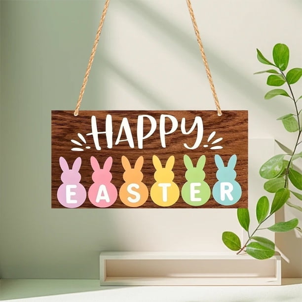 Decoración de cartel de madera de Pascua – adorno rústico de conejos de madera, adorno adorable de oficina en casa, placa colgante de Navidad, acento primaveral interior exterior
