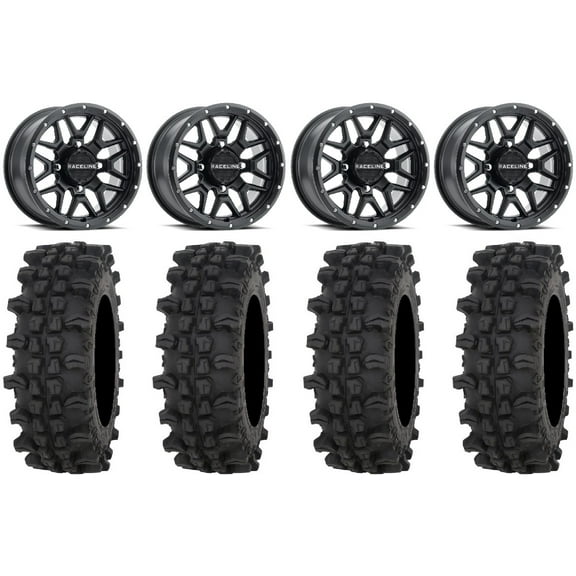 Raceline Krank 14" Black Wheels 28" ACP Tires Kawasaki Mule Pro FXT