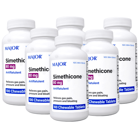 6 Pack - Major Simethicone Gas Relief 80 mg - Anti Flatulence, Bloating and Gas Pressure Aid - 100 Chewable Tablets