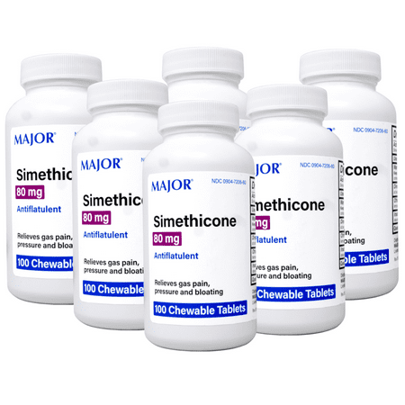 6 Pack - Major Simethicone Gas Relief 80 mg - Anti Flatulence, Bloating and Gas Pressure Aid - 100 Chewable Tablets