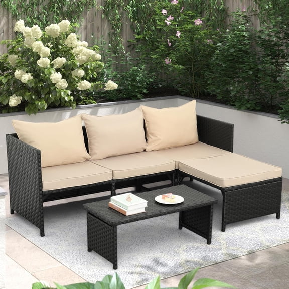 3-Piece Outdoor PE Rattan Patio Sofa Set Loveseat and Lounge Sofa with Table, L-Shape Wicker Sectional Couch with Cushions Khaki