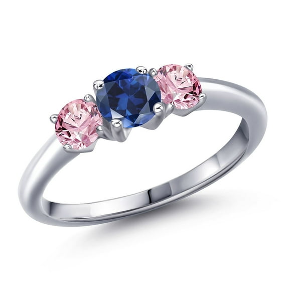 Gem Stone King 925 Sterling Silver Blue Created Sapphire and Pink Lab Grown Diamond Engagement Ring for Women | 1.10 Cttw | Round 5MM | Gemstone September Birthstone | Size 5
