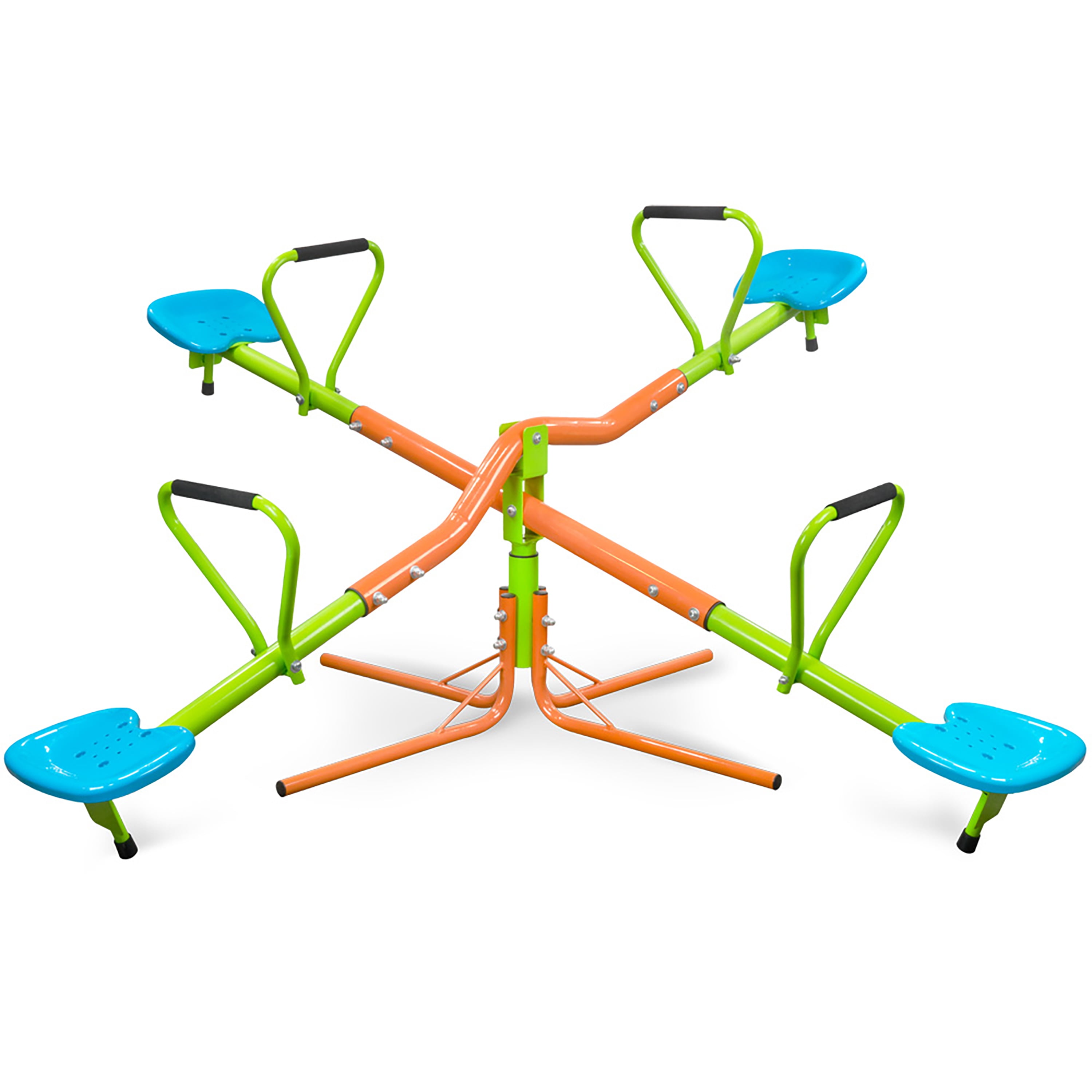 Outdoor Playground Four Seats 360 Degree Rotating Seesaw for Kids, Sturdy Steel & Plastic Seat Teeter Totter in Blue & Green, Suitable for Kids Age 3+ Indoor Outdoor Use