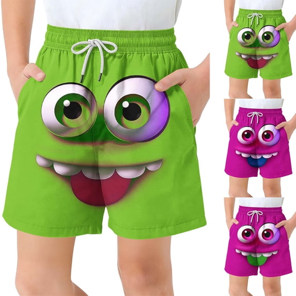 Eltusu Boys Board Shorts, Cartoon Drawstring Elastic Waistband Funny Swim Trunks Green Size 8-9T