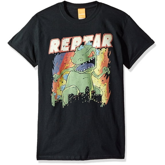 Rugrats Reptar Mens T-Shirt - Reptar Under Name Distressed City Destruction