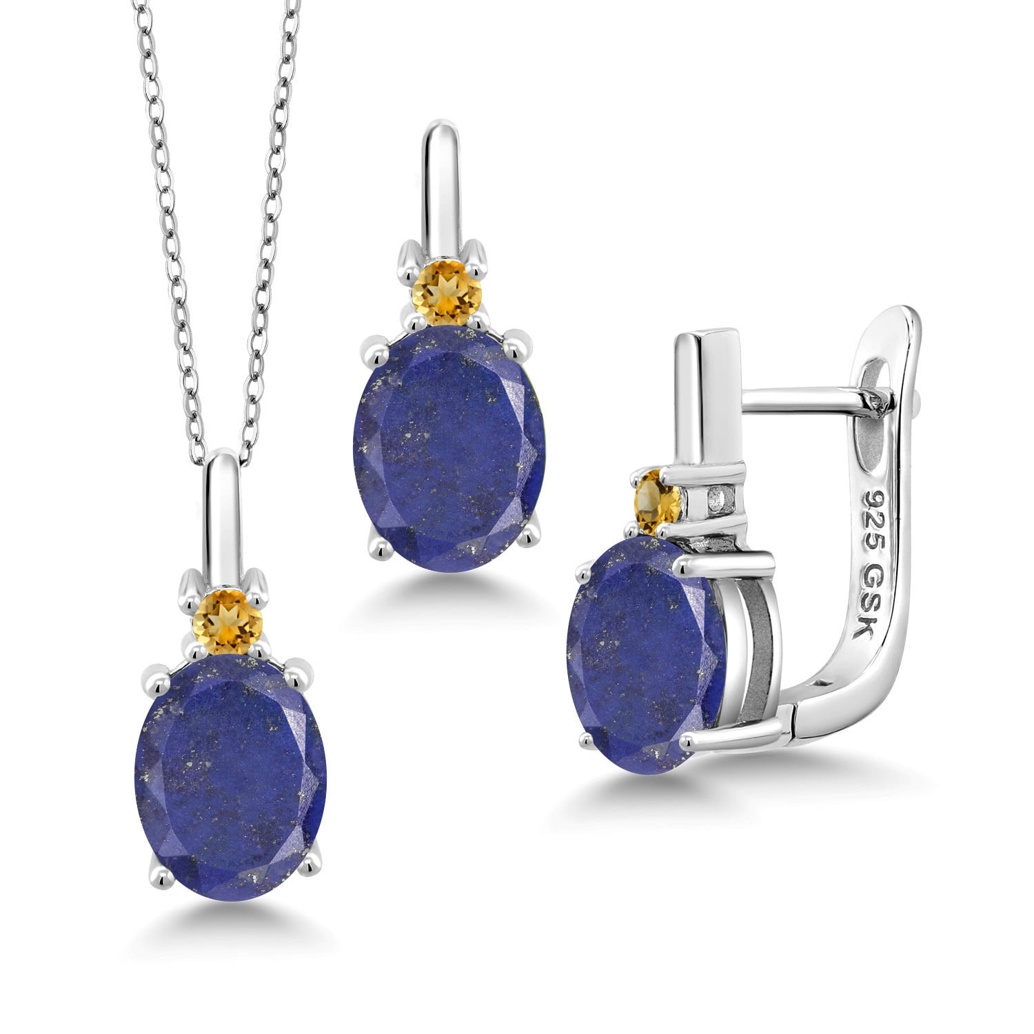 Gem Stone King 6.21 Ct Blue Lapis Yellow Citrine 925 Sterling Silver Pendant and Earrings Jewelry Set