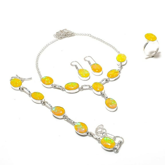 Natural Yellow Triplet Opal Gemstone 925 Sterling Silver Jewelry Set