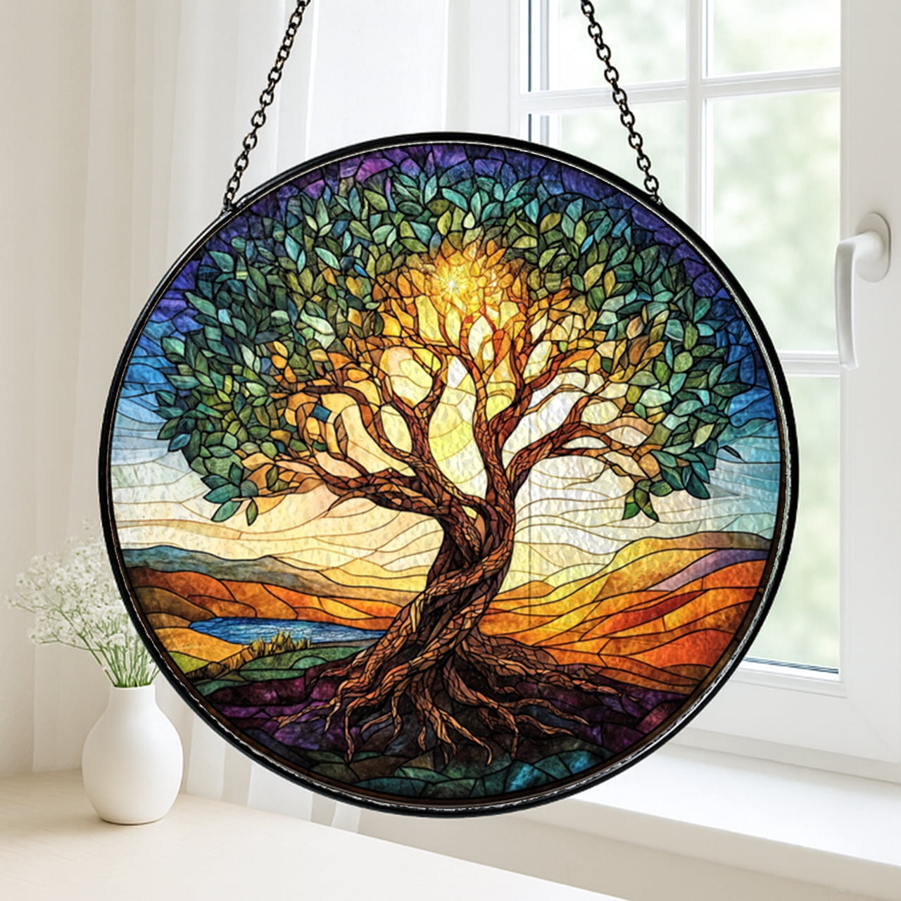 Faux Stained Glass Tree of Life Window Panel, Acrylic Hanging Decor, Spiritual Home Gift