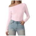 thumbnail image 2 of kaprioy Womens Boat Neck Tops Casual Fitted Tee Shirts Solid Color Fall Basic Clothes Long Sleeve Shirts Pink, M, 2 of 9