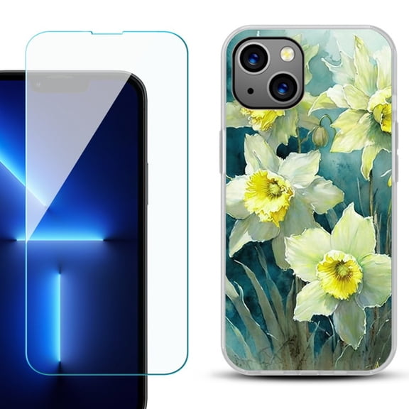 OneToughShield ® for iPhone 15 Plus Shockproof Phone Case, with Tempered Glass Screen Protector - Daffodils