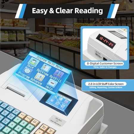 Electronic Cash Register,48 Keys POS System Cash Register,Flat Keyboard and Thermal Printer LED Cash Register with Drawer Box for Supermarkets, Store, RetailShops, Restaurant