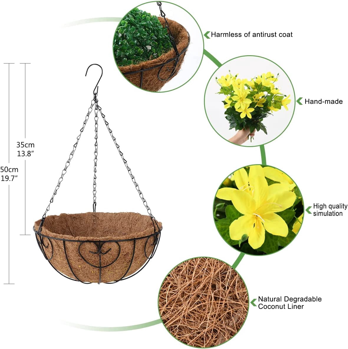 Artificial Flowers Hanging Basket for Outdoor Indoor,Fake Orchid Flowers in Coconut Lining Hanging Basket for Home Courtyard Decoration, 5 Branches Flowers in 12'' Basket(Yellow)
