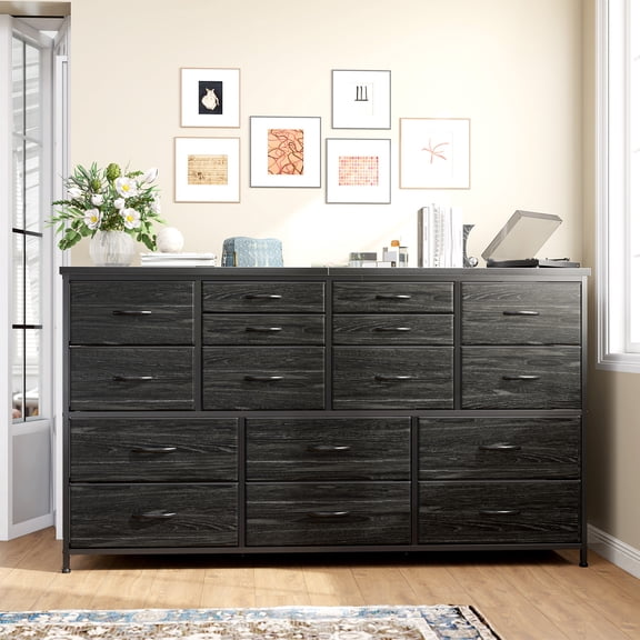 Romorgniz Black Dresser for Bedroom with 16 Drawers for Closet Fabric Dressers & Chests of Drawers TV Stand with Charging Station