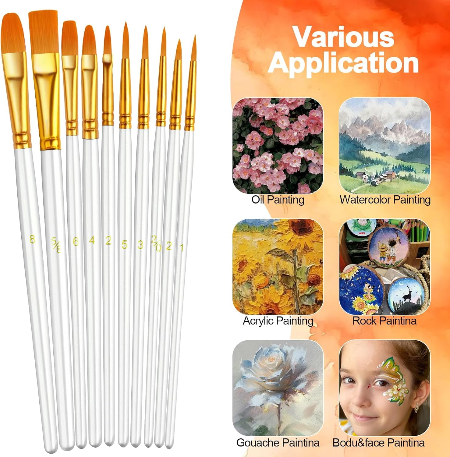 JJEAN-Paint Brushes Set, 5 Pack 50 Pcs Round-Pointed Tip Paintbrushes Nylon Hair Artist Acrylic Paint Brushes for Acrylic Oil Watercolor, Face Nail Art, Miniature Detailing & Rock Painting, White