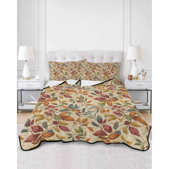 Quilts Twin XL Size, Fall Leaves Soft Comforter Bedding Set for Bed, Farmhouse Beige Botanical Leaf Autumn Lightweight Quilted Bedspread with Pillow Cover(2 Pieces) for All Season, 68x98 Inch