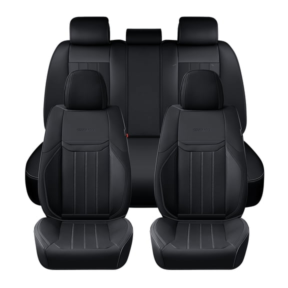 Coverado Black Car Seat Covers Full Set, Waterproof Premium Leather Front and Back Seat Protectors, Designer Auto Interior Accessories, Universal Fit Most Cars Sedan SUVs Pick-up Trucks