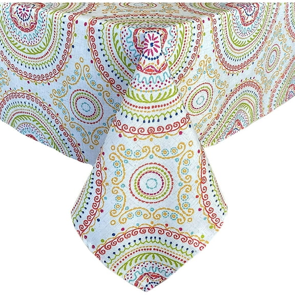 Newbridge 52 x 52 Inch Square Fabric Tablecloth, Coral and Green Circle Stitch, Indoor Outdoor No Iron Soil Resistant Dining Room, Party and Banquet Table Cover, Modern Boho Chic Print