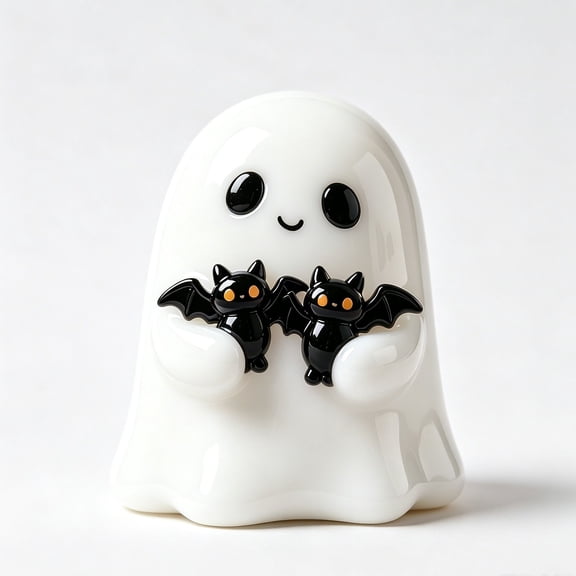 MInHoues 3.14 Inch Halloween Ghost Figurine with Black Bats, Cute Resin Ghost Statue for Tabletop Centerpiece, Spooky Decorative Ornament for Home Shelf Mantel