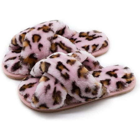 Image of Women s Fuzzy Crossband Fluffy Furry Fur Slippers Flip Flop Winter Warm Cozy House Memory Foam Sandals Slides Soft Flat Comfy Anti-Slip Spa Indoor Outdoor Slip on (06/Pink Leopard 10-10.5)