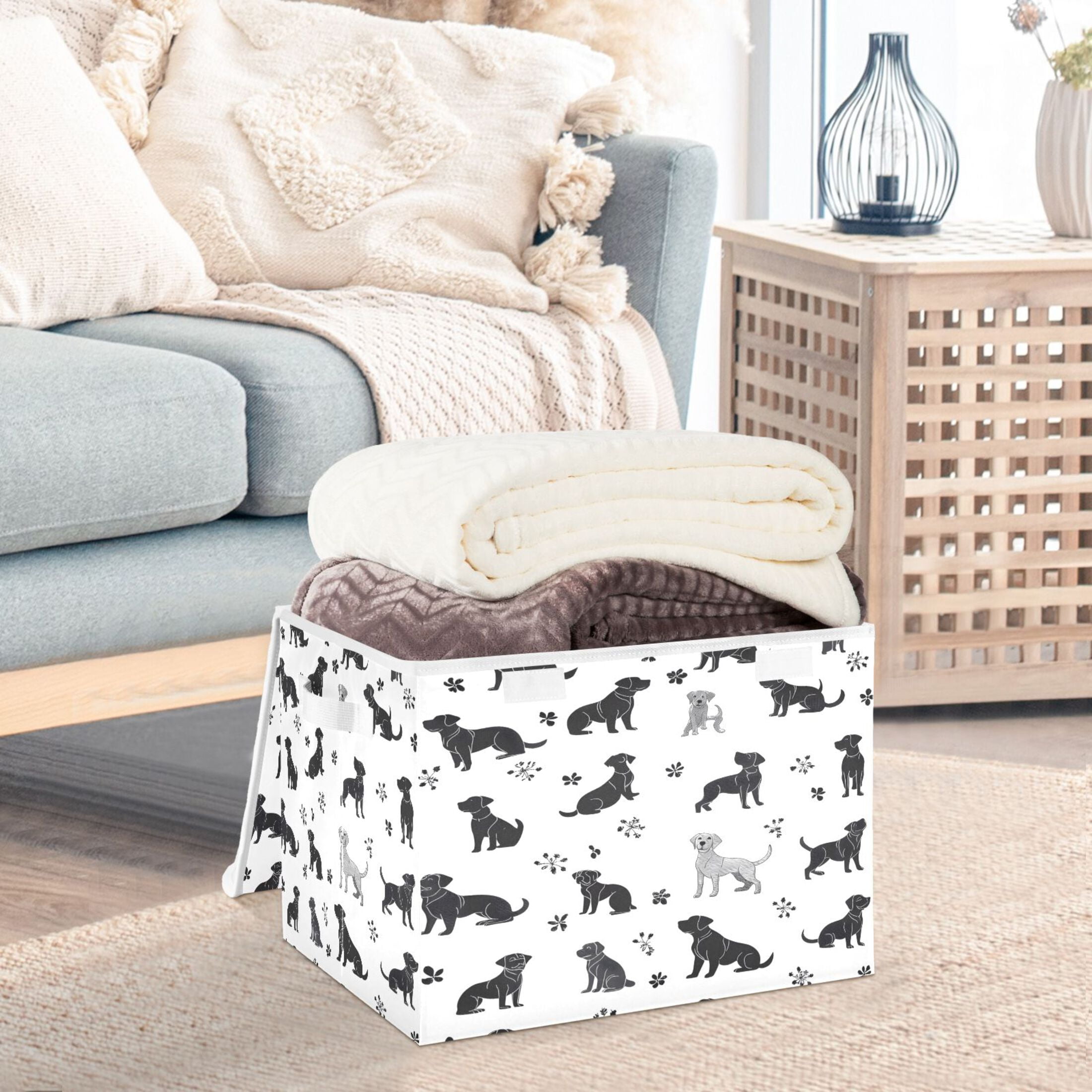 Ryvnso Silhouette Doodle Dogs Large Lidded Foldable Storage Baskets Cubes Boxes Lids Bin for Home
