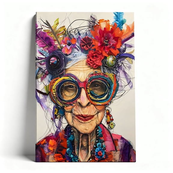 Colorful Bohemian Elderly Woman Canvas Wall Art, Whimsical Mixed Media Portrait Decor, Eclectic Floral Feather Artwork For Living Room, Bedroom, Gallery, Ready To Hang 8*12inch(20*30cm)