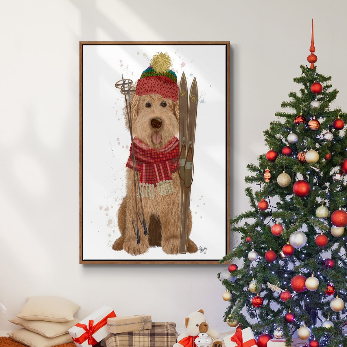 Goldendoodle Ski Dog - Framed Gallery Wrapped Holiday Canvas - 25 x 37 - Rosewood Frame