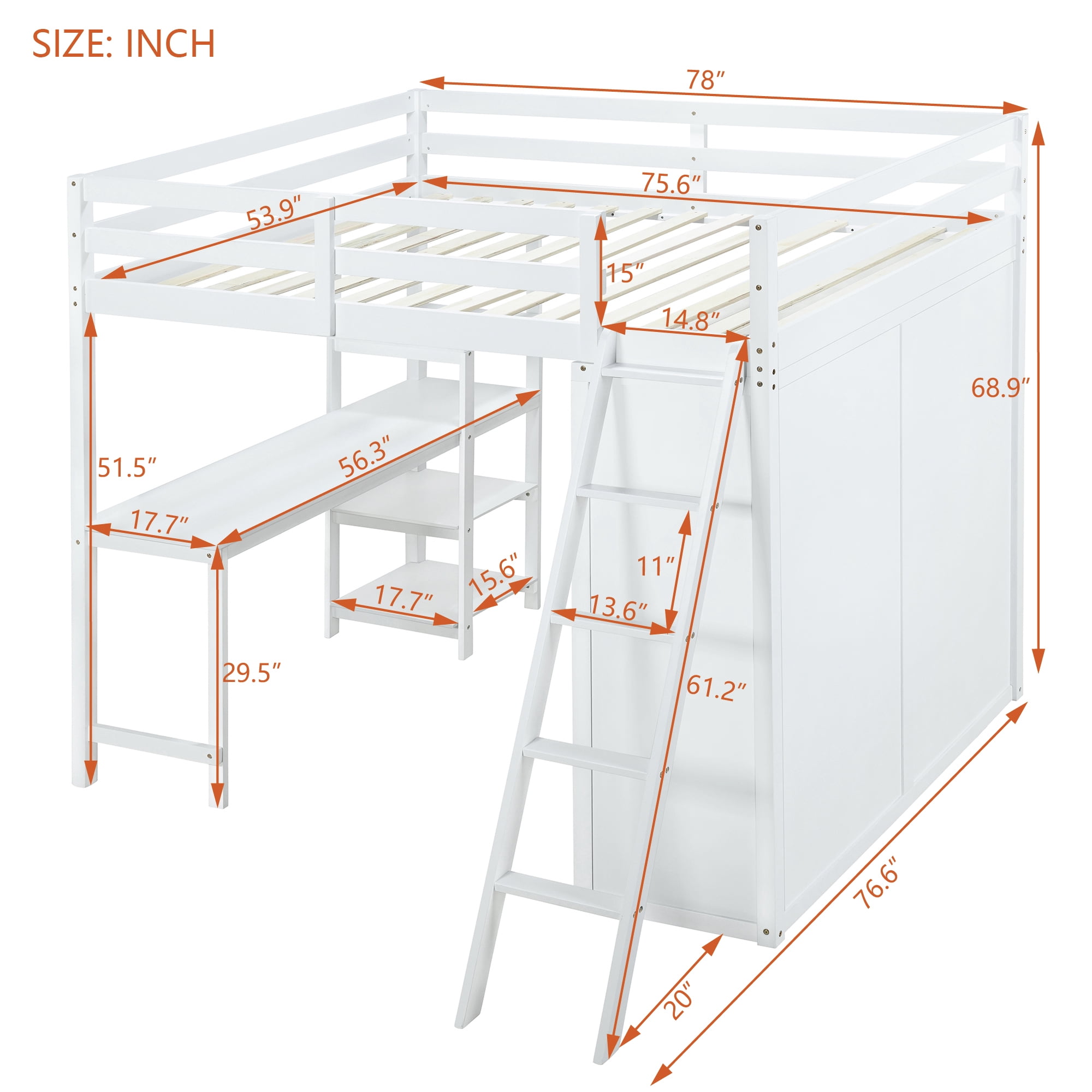 Aukfa Loft Bed with Wardrobe, Wood Full Size Loft Bed with Desk and Shelves for Kids Adults - White