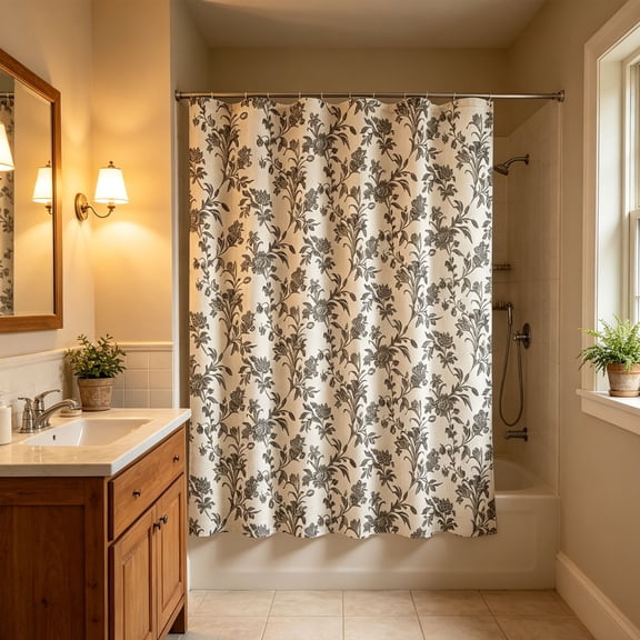 Floral Shower Curtain Waterproof Bathroom Decor with Small Flower Print, Nordic Style Fabric, Washable Black, 70.86x35.43 Inches for Bathtub, Shower Stall, RV, Dorm